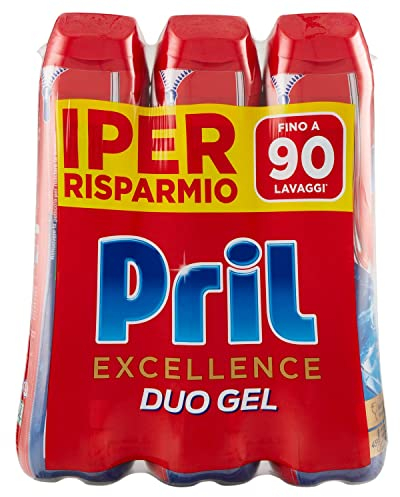 Pril Excellence Duo Gel Detersivo Lavastoviglie Azione Anti Odore con Aceto, Formato da 3 Confezioni da 30 Lavaggi