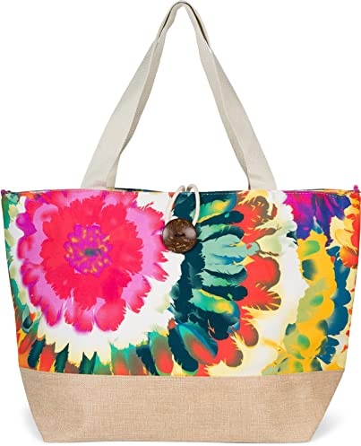 styleBREAKER XXL Strandtasche mit buntem Blumen Print | Große Schultertasche mit Knebelknopf, Stoffhenkel & Karabiner | Damen Shopper 56 x 36 x 18 cm, Farbe:Pink-Grün-Orange