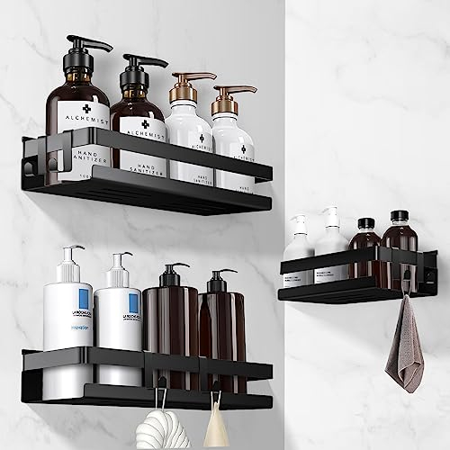 Cinnani Duschablage Ohne Bohren Schwarz 3 Stück Duschablage Edelstahl mit 6 Haken, Duschregal ohne Bohren, Selbstklebend Badezimmer Regal, Shampoo Halterung für Dusche, Duschkorb für Organizer