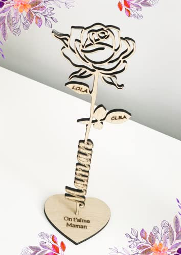Rose éternelle en bois personnalisée 27cm avec socle prénom enfants maman | idée cadeau fête des mères, grands-mères, anniversaire, atsem, maître, maîtresse, saint valentin, petite amie | original