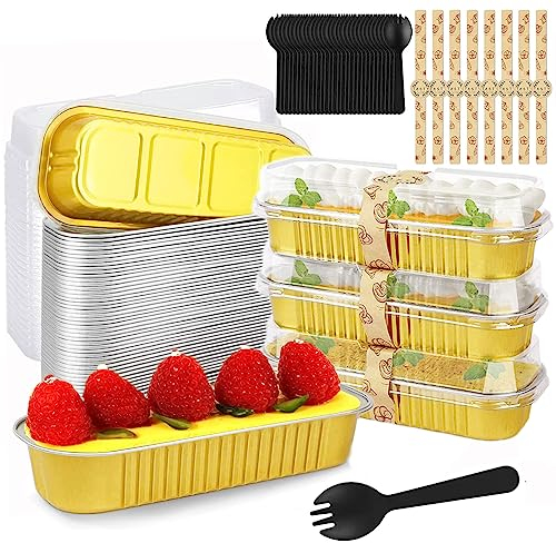 Jokresty 200Pcs/50Set Mini Loaf Pans with Lids Spoons and Stickers,200ML Aluminum Foil Baking Pans,Non-Stick Aluminum Mini Loaf Tins,Reusable Foil Bread Container Cake Baking Tins for Home Kitchen