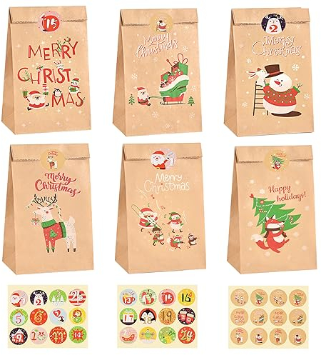 CHEPULA Geschenktüten Weihnachten, Adventskalender zum Befüllen, 24 Stück Klein Weihnachtstüten, Braun Papiertüten Xmas mit 48 Aufkleber, Kraft Papier Geschenk Tüten für Weihnachten Party