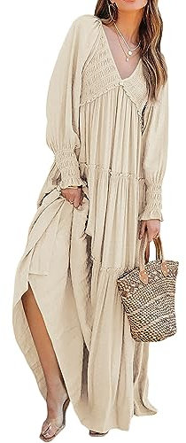 R.Vivimos Long Sleeve V Neck Maxi Dress for Women Smock Tiered Ruffle A Line Flowy Long Dresses(Large,Beige)