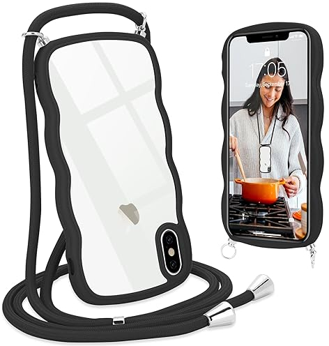 L-FADNUT Handykette für iPhone X iPhone XS Hülle mit Band, Silikon Wellen Rahmenform Handyhülle mit Kordel zum Umhängen, Transparent Schutzhülle Case für iPhone X iPhone XS, Schwarz