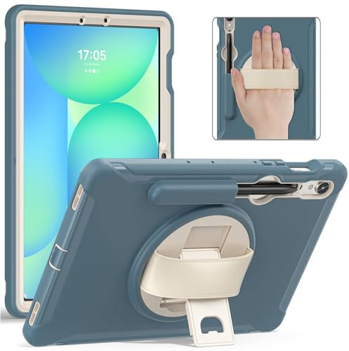 Junfire Case for Samsung Galaxy Tab S10 Lite/S10 FE/S9 FE 10.9 inch 2025, Shockproof Kids Protective Case with Screen Protector Rotating Stand Hand Strap Pen Holder for S9/S8/S7 Tablet-Cronflower Blue