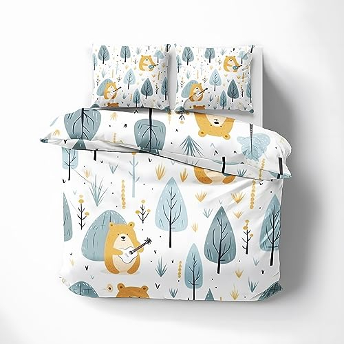 ZDABAOEC Bettwäsche Bär 140x200, Waldtiere Wendebettwäsche, 110gsm Microfaser Bettbezug 2er Set, Weich Kuschelig Bügelfrei, 1 Kopfkissenbezug 70x90, mit Reißverschluss