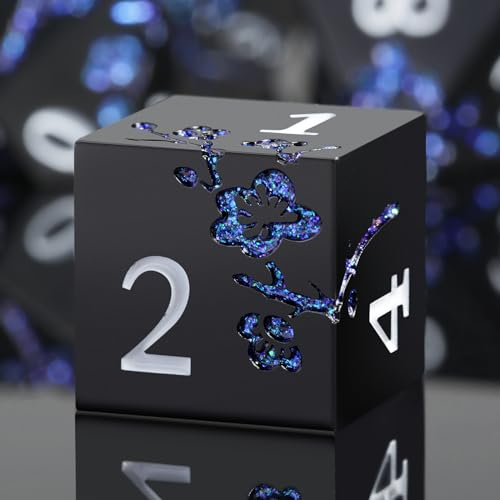 Glitter Blue D&D Metal Dice, DNDND 7 PCS Flower Metallic DND Dice Set with Grogeous Gift Case for Dungeons and Dragon Tabletop Game (Matte Black with Glitter Blue Flower)