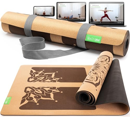 BACKLAXX ® Yogamatte Kork mit Naturkautschuk - FAZ Testsieger 07/2025 - Yoga Matte nachhaltig, schadstofffrei, Yogamatte rutschfest, Fitnessmatte mit Anti-Rutsch-Zonen inkl. Tragegurt, Turnmatte