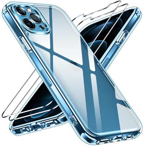 ivoler Nie Vergilbung Klar Hülle für iPhone 12 Pro Max 6.7 Zoll, 1 Handyhülle mit 2 Stück Panzer Schutz Glas, [Militärischer Schutz] Stoßfest Transparent Schutzhülle Dünn Durchsichtige Case