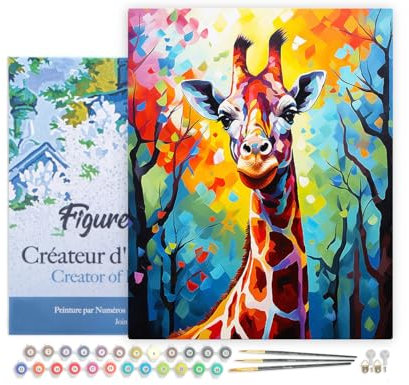 Figured'Art Peinture par Numéro Adulte avec Cadre Girafe Colorée Abstraite - Activité Manuelle Kit de Loisir Créatif DIY Numéro d'Art Complet Animaux - 40x50cm toile tendue sur châssis