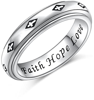 Spinner Fidget Ring S925 Sterling Silber Schwarz Glaube Kreuz Angst Sorgen Band Fidget Stress Lindert Langeweile ADHS Autismus Jesus Ringe für Frauen Männer(54.4)
