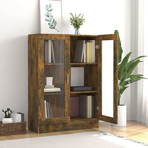 Homgoday Vitrine en verre avec 3 compartiments 2 portes, vitrine de salon, meuble de salon, buffet salle à manger, buffet cuisine Vitrine en bois ingénierie chêne fumé 82,5 x 30,5 x 115 cm