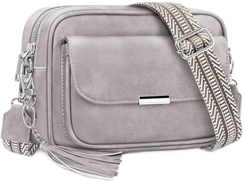 NEWIROVE Crossbody Bag Damen Leder Umhängetasche Damen Mittelgroß Handtasche Schwarz mit Breitem Gurt Verstelbaar Schultertasche Damen Mit Fransen Für den Einkauf Auf Reisen Casual,Fahles Grau