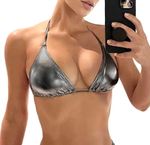 Damen-Bikinioberteil, metallisches Neckholder, glänzend, Triangel-Bralette, Rave-Tops, seitliche Bindung, Badeanzug-BH, Carbon, XL
