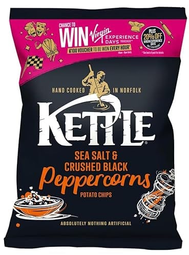 Kettle Sea Salt & Black Peppercorns Potato Chips 130G, Hand Cooked Potato Chips with Sea Salt and Crushed Black Peppercorns Seasoning, Gluten-Free, Suitable for vegans, Absolutely Nothing Artifici