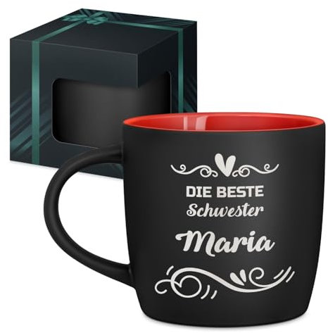 Maverton Keramik Kaffeebecher 400ml mit Gravur - personalisierte Kaffeetasse aus Matt Keramik mit Henkel für Frauen zum Geburtstag zu Weihnachten - Trinkbecher matt schwarz - Innen rot - Schwester