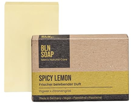 Feste Männerseife: Natürliche Seife für Männer, Hand, Körper & Haare, Shampoo Mann, Nachhaltig & Vegan, 3-in-1 Duschseife Herren, Festes Duschgel, 135 g Seifenstück, Ingwer & Zitronengras, BLN SOAP