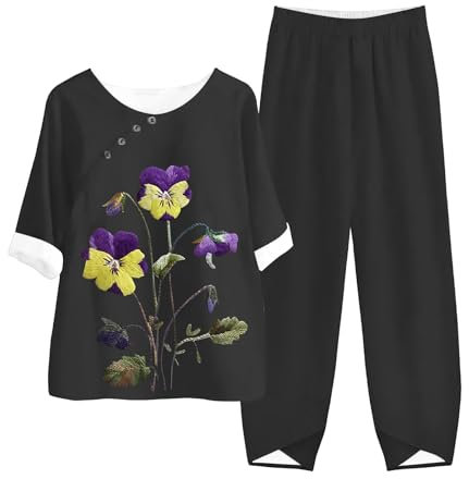 Generisch Pantaloni da donna a vita alta, moderni, per il tempo libero, da donna, in cotone, lino, chic, girocollo, maniche a tre quarti, con stampa floreale, casual, set di tuta da jogging, Nero , M
