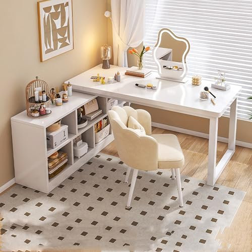 Esspoxi Escritorio Gaming con Silla y estantes Almacenamiento, Juego Mesa computadora Madera en Forma L para Estudiantes, Oficina en casa y Dormitorio, Escritorio Esquina, Blanco(C,47.2 * 47.2in)