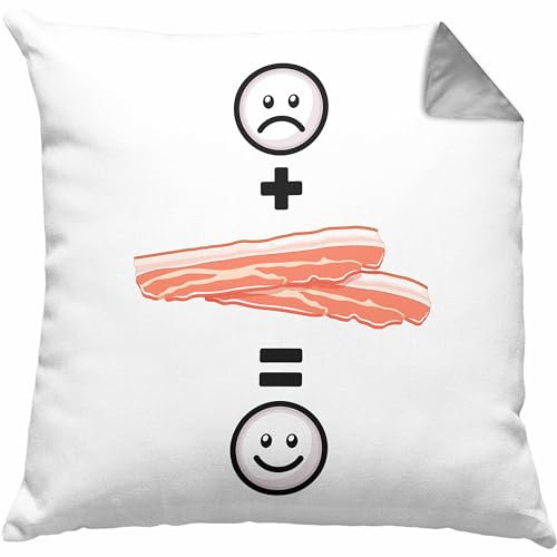 Trendation Bacon Kissen mit Füllung 40x40 Geschenk für Bacon-Liebhaber Lustige Geschenkidee :(+ Bacon = :) Geburtstag (Grau)