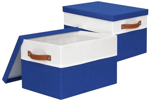 BinWhiz Pack of 2 Large Storage Boxes with Lids, Foldable Storage Boxes for Shelves, Fabric Storage Boxes With Leather Handle, Decorative Storage Box for Clothes, Books, 38x28x24 cm (White & Blue)
