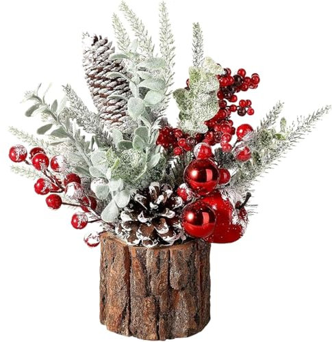 Centro de Mesa de Navidad - Decoración Artificial de 11 Pulgadas Con Árbol, Bayas Rojas, Cono de Pino y Verduras - Bricolaje para Chimenea