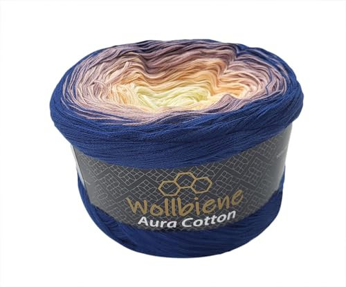 Wollbiene Farbverlaufsgarn 200g - 800m - 4 Fädig Bobbel Strickwolle Häkeln Bobbel Wolle Farbverlauf, 100% Baumwolle, Strickwolle Mehrfarbig (805 dunkelblau apricot vanille)
