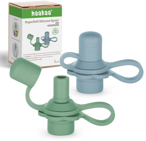 haakaa Multi-Functional Silicone Spout,Pouch Topper No Spill,Water Bottle Topper for Toddlers,100% Food Grade Silicone,2 Pack(Sky Blue + Pea Green)