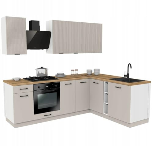 Laclar Küchenzeile 240x180 cm - Modulare Möbel für die Küche - mit 9 Schränken - Arbeitsplatte - Soft-Close - ohne Spülbecken Geräte - Mix Kaschmir - Küchenarbeitsplatte District Dark