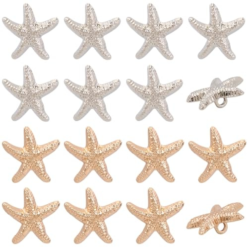CABODYALS 1 scatola 40 pezzi Oro Argento Oceano Tema Irregolare Estate A Forma di Stella Marina Metallo Glitter Gambo Pulsante Lega Hawaii Stella Marina Bottoni Decorativi per Cucire Abito Camicia Jea