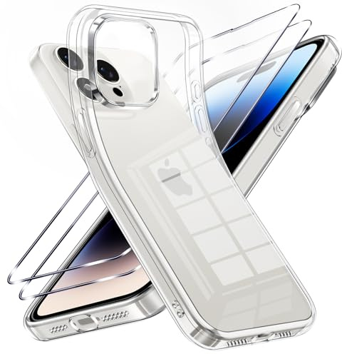 Viojrlra Chiaro Cover per iPhone 14 Pro Max con 2 Pezzi Pellicola Vetro Temperato, Anti Ingiallimento Antiurto Anti-Graffio, Silicone TPU Protettiva Case per iPhone 14 Pro Max, Trasparente