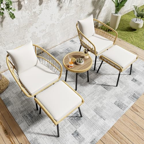 Merax Rattan Balkonset Garten Lounge Set 5-teilig – Rattan Sitzgruppe mit Esstisch, 2 Stühlen & 2 Hockern – Outdoor Balkonmöbel wetterfest, mit Kissen, ideal für Garten, Terrasse & Balkon