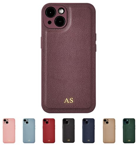 Tirita Personalised Leather Phone Case for iPhone 11 Pro Max – Leather Burgundy Case or Cover With Custom Initials – Cute Personalised Gift for Men or Women [09. Burgundy Gold Embossed Initials]