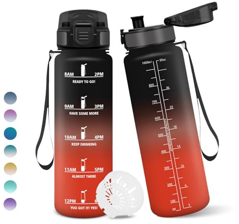 Botella Agua, 1 litro Libre de BPA, Botella Agua Gimnasio, Con Marca de Tiempo, Botellas de Agua, Diseño de Cerradura a Prueba de Fugas, Botellas de Agua Para Niños para Deportes - Negro&Rojo