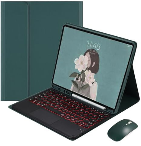Funda con Teclado para iPad 9,7 pulgadas 6ª 2018, 5ª Gen. 2017, Air 2 2014, Contiene Ñ, Retroiluminación 7 Colores, Teclado Inalámbrico Magnético Desmontable con Soporte Para S Pen,Dark green1
