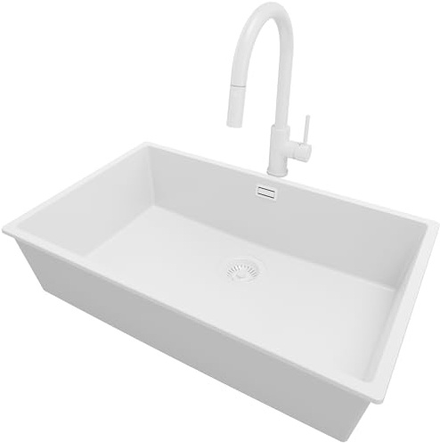 PRIMAGRAN Granitspüle ab 80er Unterschrank + Küchenarmatur, 76x47cm | Set: Küchenarmatur BW9010 + Ablauf-Set (Siphon, Ablaufgarnitur, Überlauf) + Spülbecken 1 Becken - London Slim, Alles Weiß
