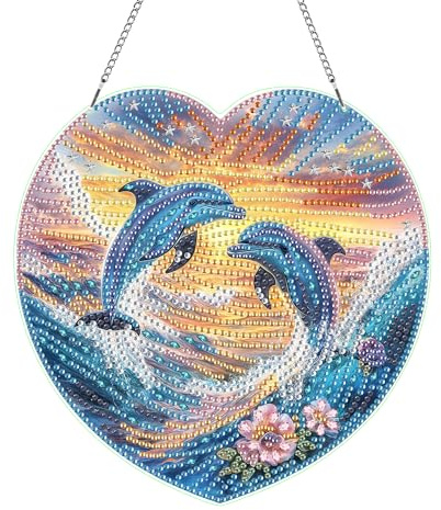 Hoobee Delfin Diamond Painting Anhänger, Tier Diamond Painting Fensterbilder, 5D Diamant Painting mit Kette, Wandbehang Kits-Für Zuhause Wanddekoration Und Eingang Dekoration 20x20cm(Delfin)