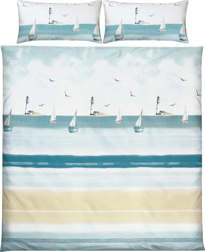REDBEST Renforcé Bettwäsche Maritim blau-beige Größe 40x80 cm / 200x200 cm - temperaturausgleichend, strapazierfähig, mit Reißverschluss