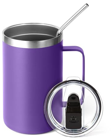 Volhoply 470ml (16oz) Insulated Coffee Mug with Lid and Straw, Stainless Steel Travel Mugs with Handle, Double Wall Vacuum Leak Proof Coffee Tumbler Cup (Purple,1)