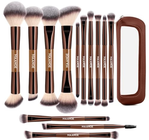 MAANGE 13-teiliges Make up Pinsel Set mit Etui – Professionelle Daily & Travel Schminkpinsel-Set für Foundation,Puder & Lidschatten, Doppelseitiger Makeup Pinsel, Kaffee Gold