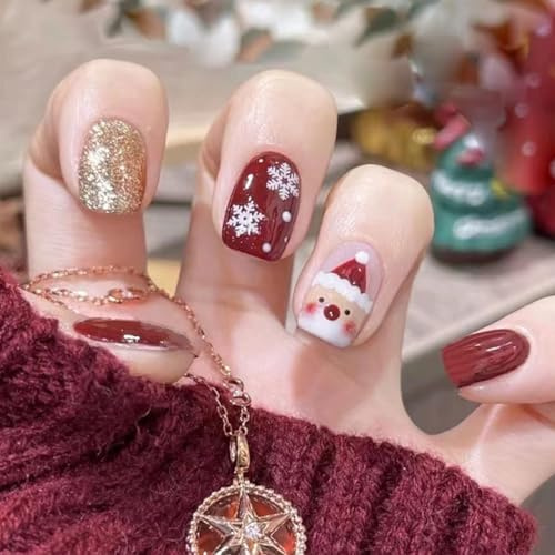 Christmas Press On Nails - Santa Snowflake Festive Short Square False Nails, Short Stick On Nails for Holiday Parties Family Dinners, Rich Burgundy Red Gold Glitter Festive Nail Art Accessories