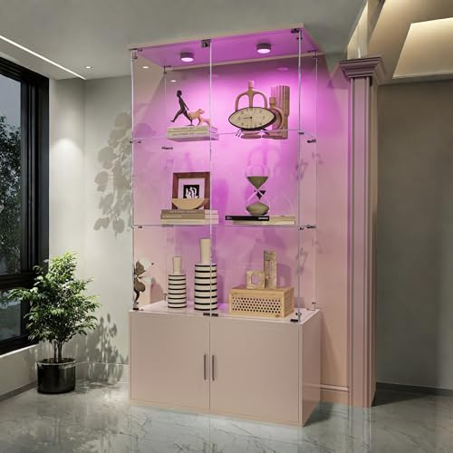 Julyue Glasvitrine Standvitrine mit LED, 3 Vitrine aus Glas & Unterschrank aus Holz, Vitrine mit 2 Abschließbaren Türen, Vitrinenschrank aus Holz & Glas, 78.51x35x164cm, Weiß-1