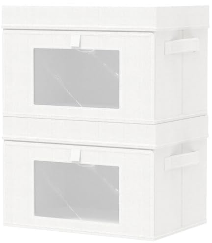 GUOHNHE Aufbewahrungsbox mit Sichtfenster, Weiß, 38x25x25 cm, 2 Stück | Kisten Aufbewahrung für Kleiderschrank, Kleiderschrank Organizer mit Deckel Stoff, Faltbox mit Fenster für Kleidung