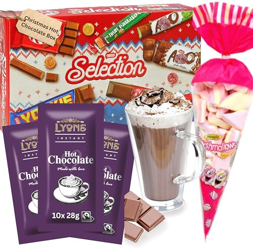 Hot Chocolate Gift Set - Includes 10x28g hot chocolate sachets 200g Marshmallow bag, 1x Selection Box Filled with Chocolates & sweets, gift for women, Stocking fillers, cosy gifts for women