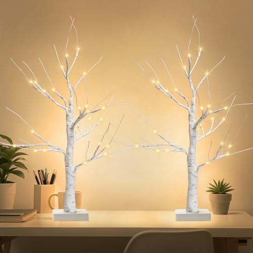 Newthinking White Birch Twig 2FT, 2 PACK Small Christmas Twig Tree with 24 Warm White LED Lights for Home Party Wedding Christmas Tabletop Decoration, Battery Operated