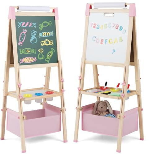 COSTWAY 3 en 1 Tableau Enfant Double Face en Bois avec Rouleau de Papier & 60 Accessoires, Chevalet Magnétique avec Hauteur Réglable, Plateau & Sac de Rangement pour Enfants de 3-8 Ans (Rose)