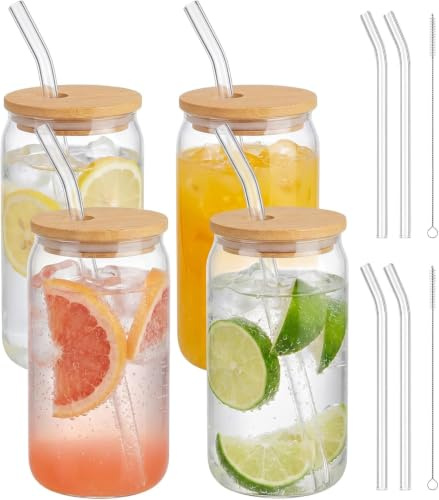 Dexpally Set di 4 Bicchieri con Cannuccia e Coperchio, 500ml Riutilizzabile Bicchieri da Caffe Vetro Ideali per Caffè Freddo, Limonata, Frullati, Birra e Cocktail