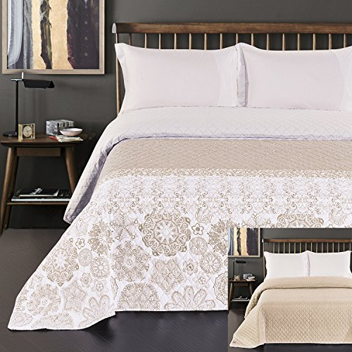 DecoKing Tagesdecke beige weiß Cappuccino Bettüberwurf mit abstraktem Muster zweiseitig pflegeleicht Alhambra, CHON/AL/WH+BEI/170, 170x210