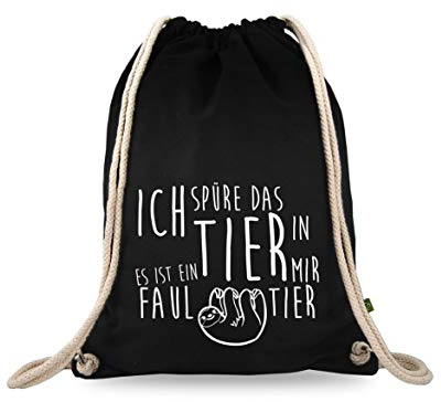 Turnbeutelliebe® Turnbeutel mit Spruch - Ich spüre das Tier in Mir, es ist EIN Faultier - Baumwolle schwarz - Sportbeutel - Rucksack - 37 x 46 cm