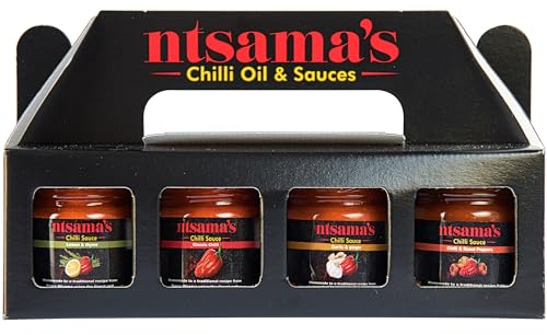 Ntsama Hot Chilli Sauces Gift Set 4 (41ml Each Jar) Unique Flavours Classic Chilli Sauce, Thyme and Lemon Sauce, Ginger and Garlic Sauce, Chilli and Roast Peppers Sauce - Classic Scotch Bonnet Flavour